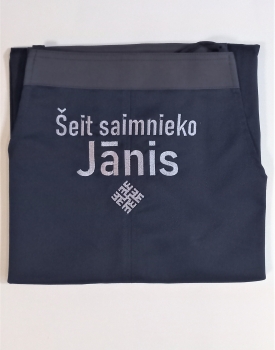 Priekšauts "Šeit saimnieko Jānis" zills ar pelēku uzrakstu